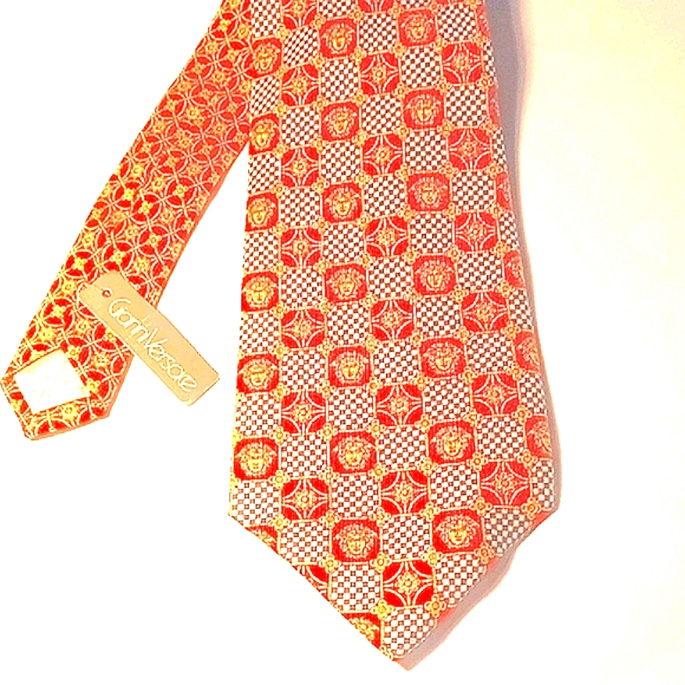 Versace Red and Gold Geometric Silk Tie